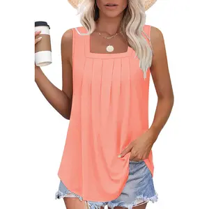 Summer Tank Tops for Women Loose Fit Pleated Square Neck Sleeveless Tops Clothing Womenswear