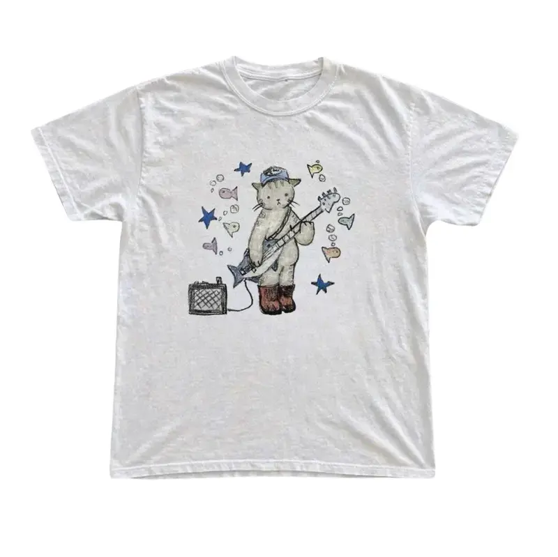 Men's Short-Sleeve Cotton Crewneck T-Shirt - Retro Hand-Drawn Rock Cat, Funny Fish Star Cartoon Prints, Unisex Cut, Round Neck, Loose-Fit, All Seasons Casual Streetwear