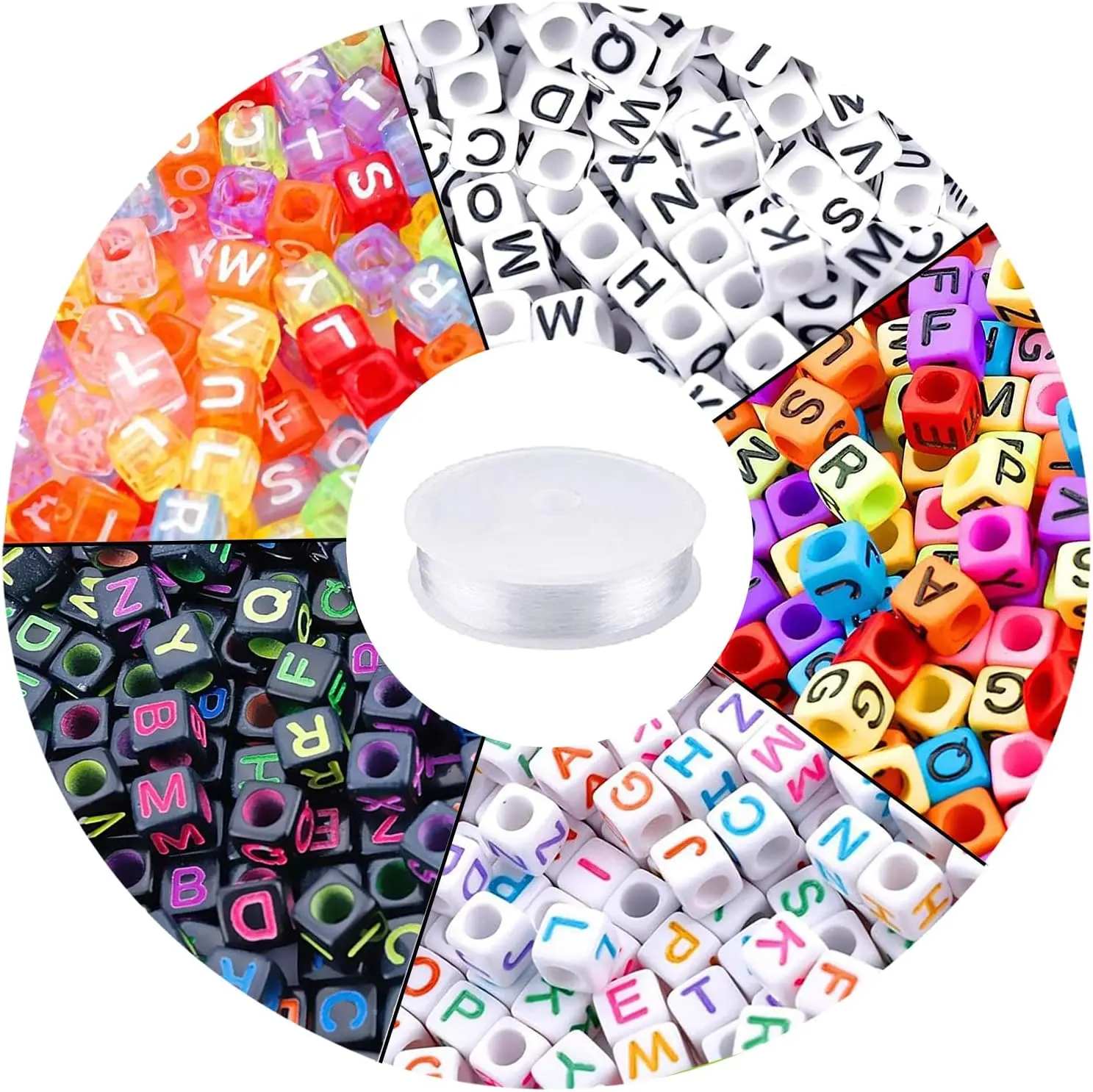 1400pcs 5 Color Cube Alphabet Bead,Letter Beads DIY Activity Craft | 6mm Acrylic Beads Crafts Charms with 1 Roll 50M Crystal String Cord for Jewelry Bracelets Making Hair Beads Friendship