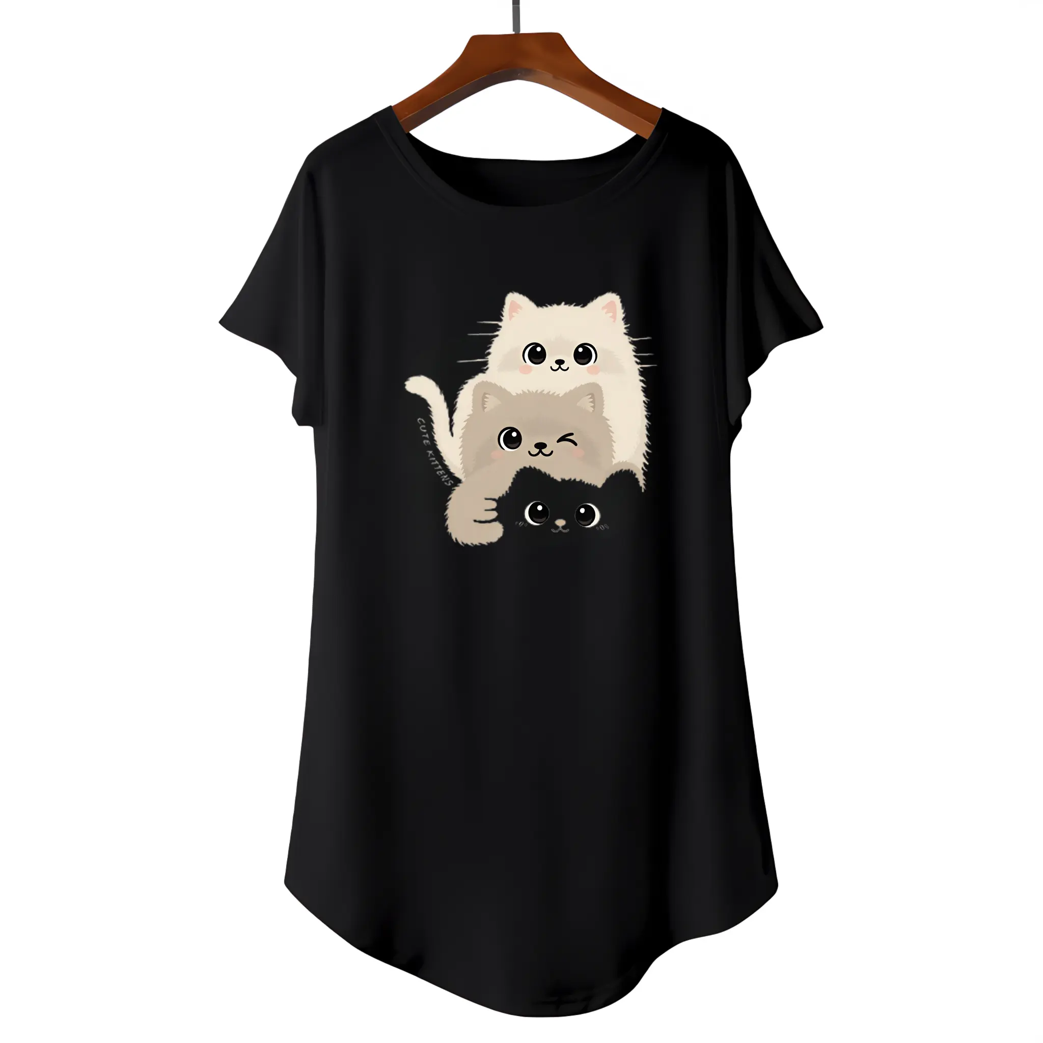 Women's Shortsleeve Casual Dress with a Kawaii Stacked Cats Graphic, Comfortable Loose Fit Tee Dress for Everyday Wear, Wrinkle-Resistant, Kawaii Graphic Casual Dresses