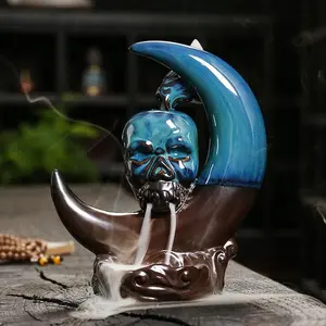 1pc, Ceramic Incense Burner Creative Moon and Skull Head Backflow Incense Holder Halloween Decor Home Decor (Without Incense)