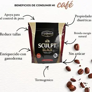 Sculpt Black de Vida Divina: el café que despierta fuego por dentro. Una mezcla intensa de arábica orgánico con Reishi, Garcinia Cambogia, té verde y guaraná, diseñada para mantenerte con energía limpia, enfocada y con menos antojos.