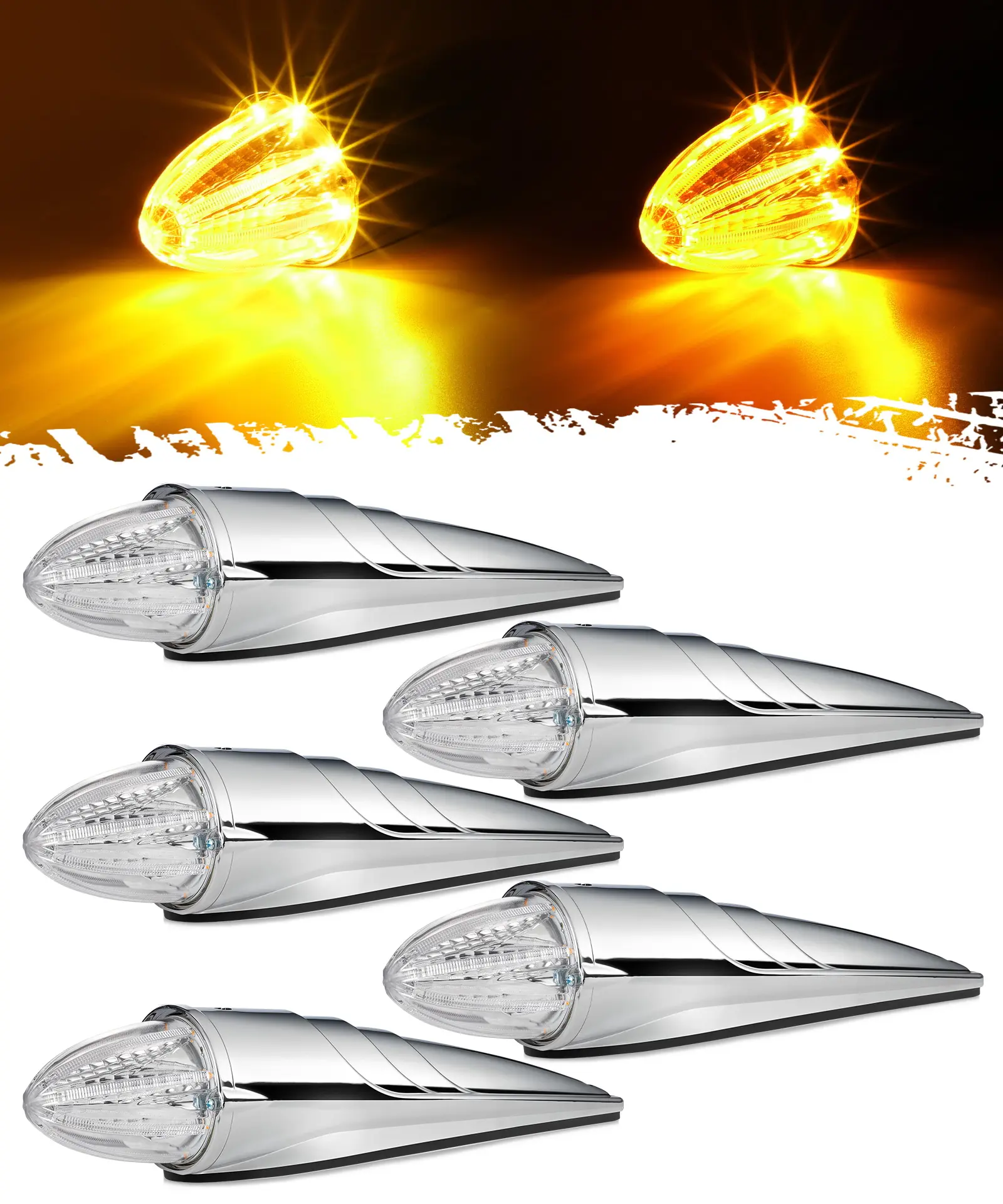 Partsam 5PCS Amber Torpedo Cab Marker Lights, Chrome Roof Running Lights, 8 LED Top Clearance Lights with Dual luminance Compatible with International/Peterbilt/Freightliner/Mack, Side Lamp Car Accessories
