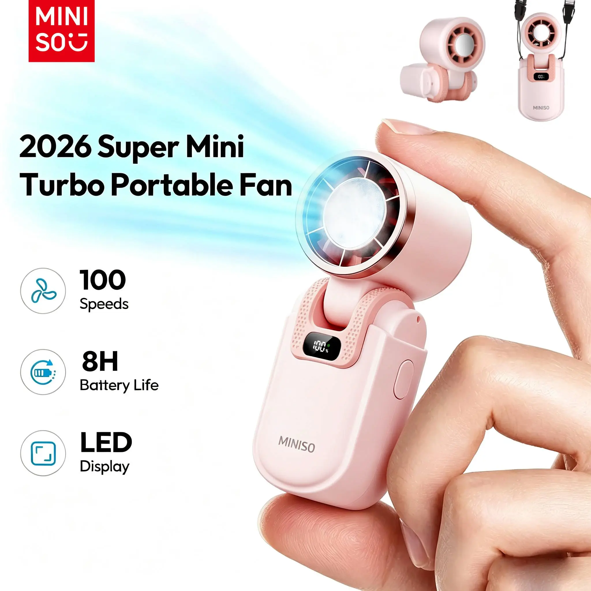 MINISO Portable Fan Handheld Turbo Fan with Ice Cooling, 3-in-1 Small Hand Fan, 100-Speed USB Rechargeable Foldable Fan, 2400mAh Battery Powered Personal Fan for Outdoor, Travel, Gifts for Women & Men