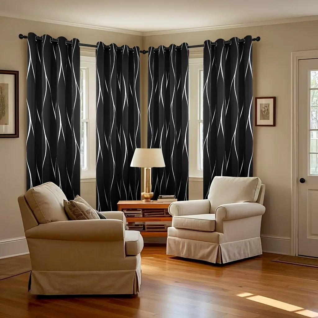 4-Pack Traditional Vertical Wave Stripes Gold Foil Shine Polyester Blackout Home Decoration Curtain Set - Delicate Stereo Texture, Luxury Look, Thick Fabric, Strong Light Blocking, Heat Insulation, Privacy Protection, Modern Indoor Window Accessory