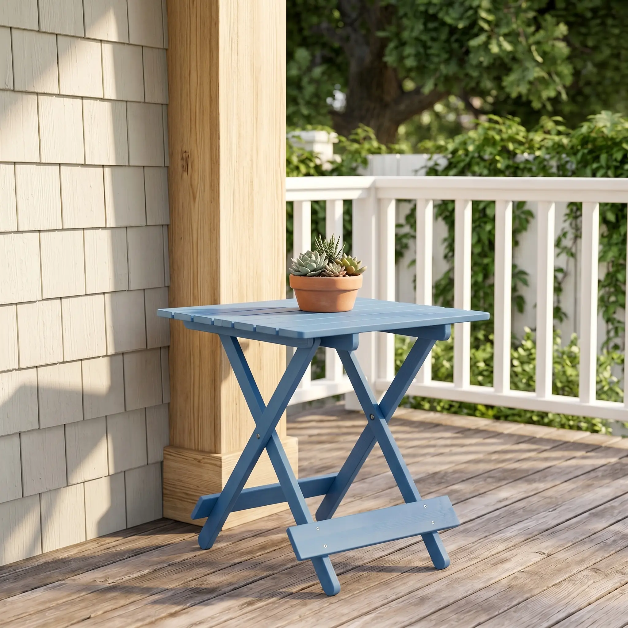 Blue Solid Cypress Wood Folding Square Side Table - Fully Assembled, Portable, Space-Saving Outdoor Garden Decor for Backyard, Balcony