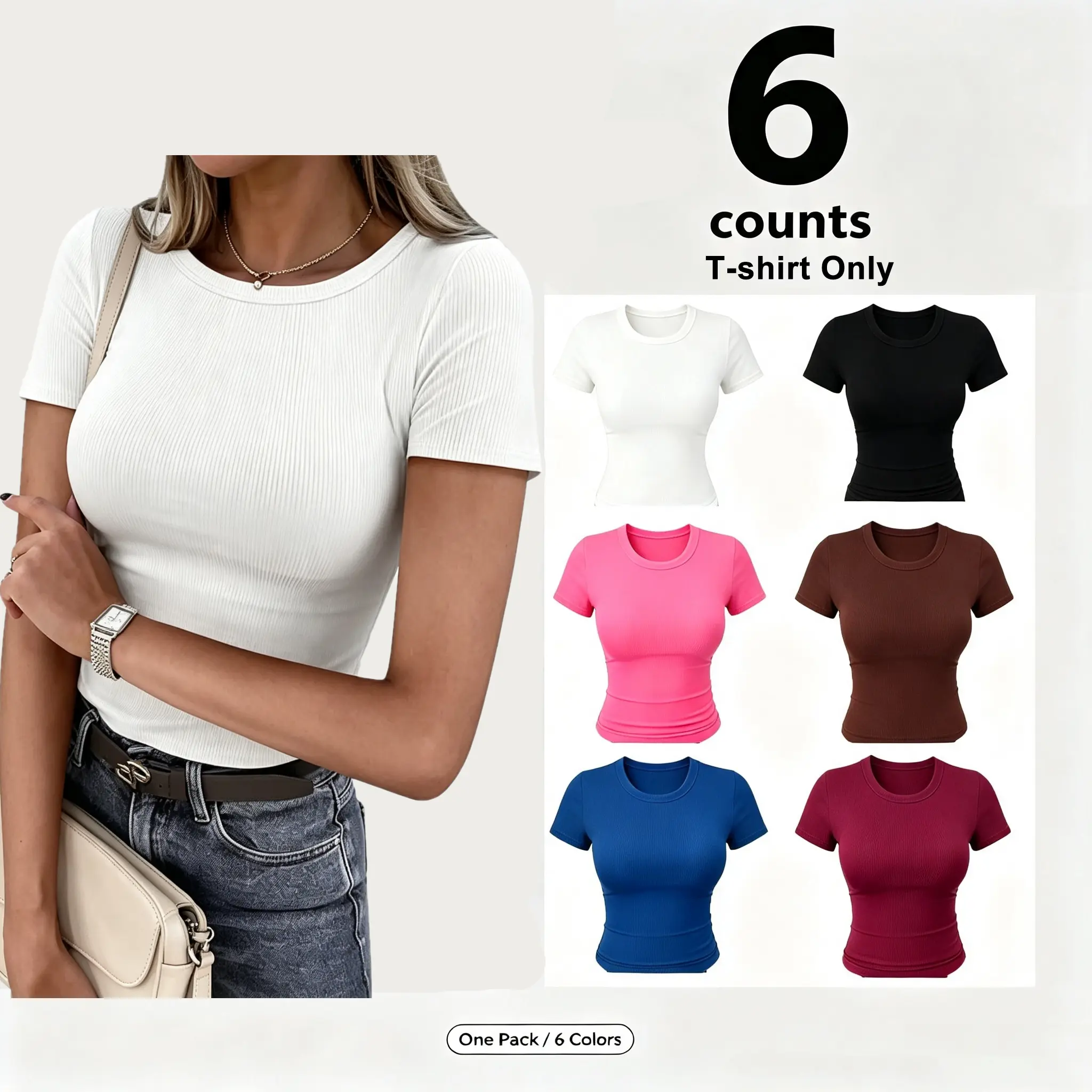 【New Arrival Deal】【Fast Shipping】Women's Ribbed Crewneck Short Sleeve T-Shirt | Stretchy Fitted Top,Casual Outfits Tops for Casual Wear - Women's Tops