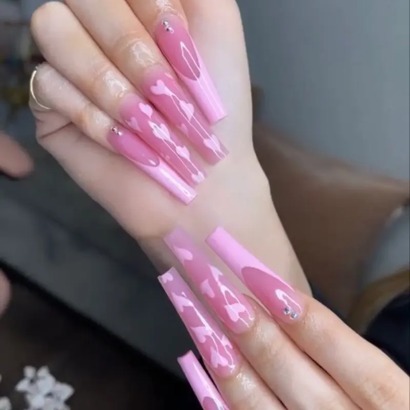 Pink Drip Press On Nails Nail Box, glossy long coffin in baby pink with white drip accents and tiny rhinestones, reusable, fit for women & teens, ideal gift for birthdays