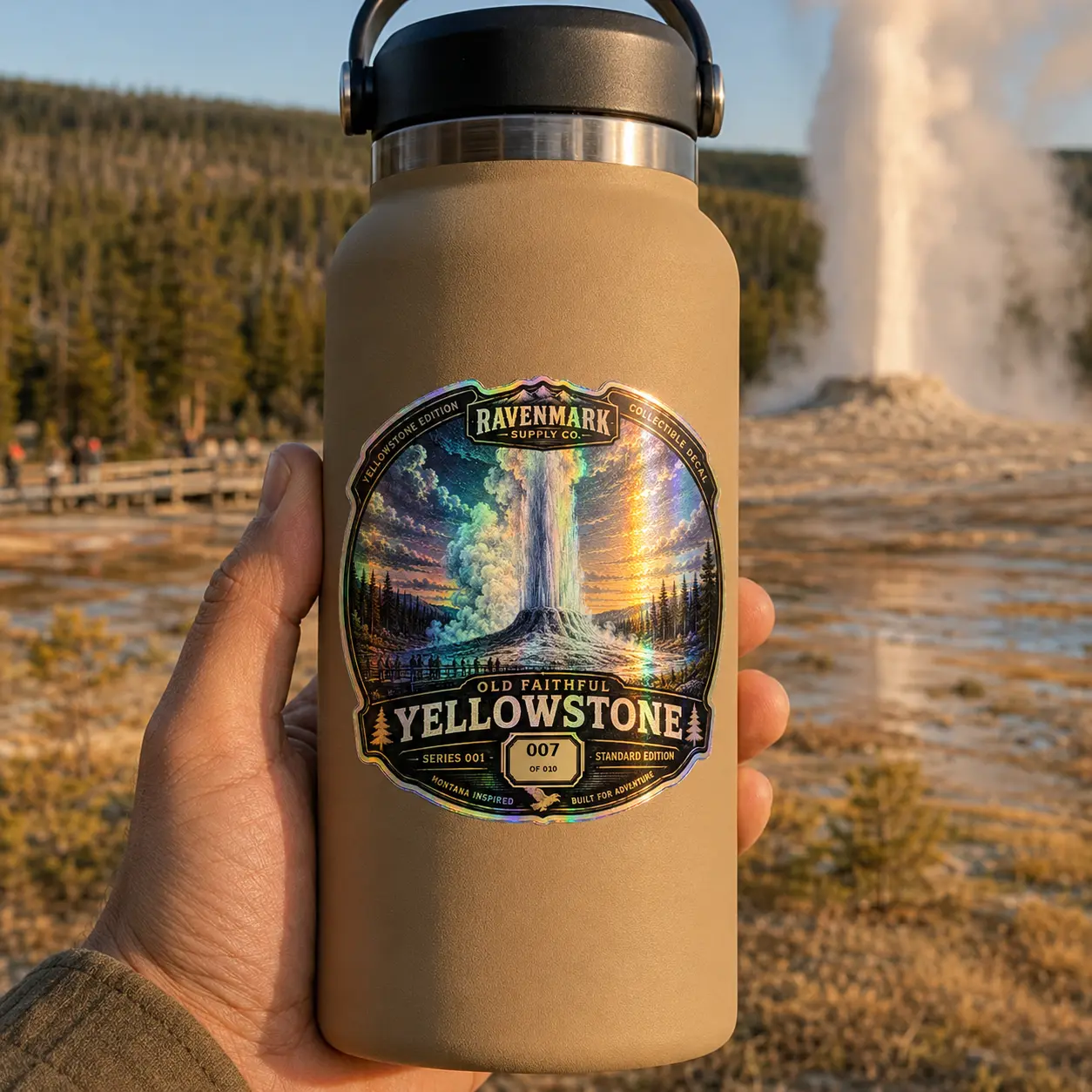 Ravenmark #007 Collectible Sticker - Yellowstone Old Faithful Montana National Park, Shimmering Hologram, Die-Cut, Weatherproof Vinyl Outdoor Gear, Water-Resistant, for Laptop, Water Bottle, Collectible Stickers