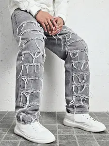 Men's Solid Color Plain Ripped Straight Leg Jeans, Loose Casual Streetwear Comfy Denim Trousers for Daily Wear, Fashion Men's Bottoms for All Seasons, Pants