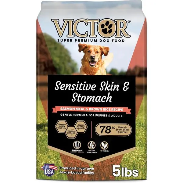 VICTOR Super Premium Dog Food — Sensitive Skin and Stomach — Salmon Meal & Brown Rice Recipe Dry Kibble — Gluten Free, No Chicken, Ideal for Dogs with Allergies — Adult and Puppy Food, 5 lb