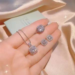 Zircon square drill clavicle chain Simple high carbon simulation gemstone ring earrings pendant three-piece set birthday gift