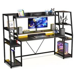 Sikaic 78.8 Inches Large PC Gamer Ergonomic Gaming Desk With LED Lights Hutch Monitor Arm