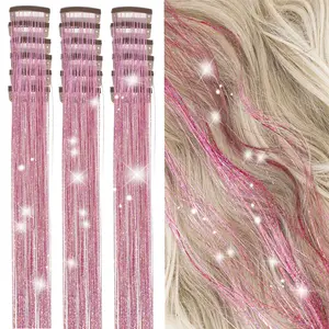 Hair Tinsel Kit 18 PCS Clip-In Glitter Hair Tinsel Extensions 19.6 Inch Heat Resistant Fairy Hair Sparkle Clips Reusable Shimmer Hair Accessories for Girls Kids Women Party Festival
