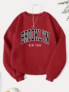 Brooklyn Print Sweatshirt, Casual Long Sleeve Crew Neck Sweatshirt, Women's Clothing Cotton Womenswear