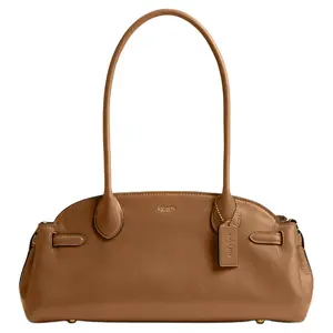 COACH Empire Carryall 34 Glazed Leather Shoulder Bag for Women with Metal Logo Zipper in Brass and Honey Brown