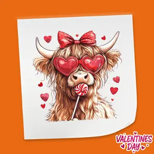 Valentine Highland Cow with Heart Glasses - Valentine's Day DTF Heat Transfer Sheet