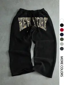 Men's Casual Sports Long Pants with New York Letter Camo Print, Loose-Fitting Drawstring Wide-Leg Trousers for All Seasons, Perfect for Relaxed, Athleisure Style Pants, Loose Athletic Trousers
