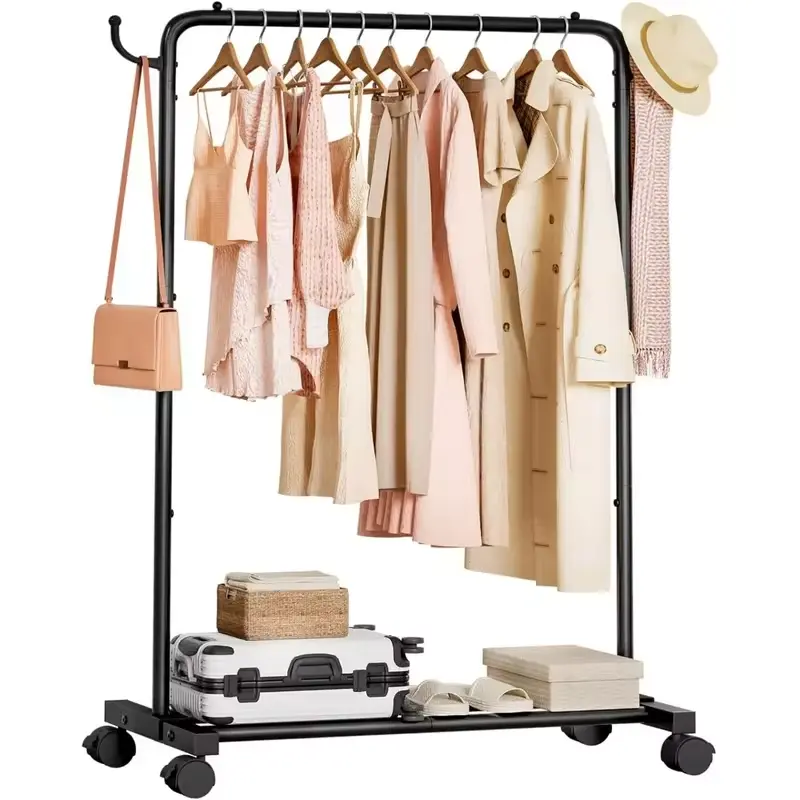 Rolling Clothes Rack with Hooks Standing Garment Storage Hanging Rod Organizer on Wheels with Luggage Shelf Black
