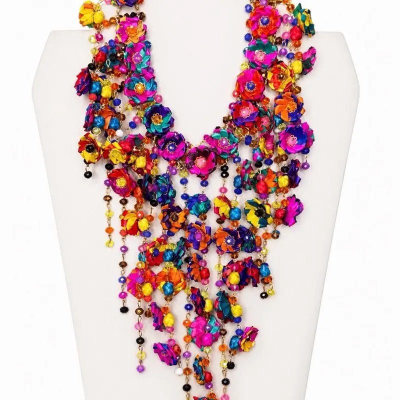 Multicolor Floral Maxi Statement Necklace – Handmade Mexican Inspired Colorful Necklace