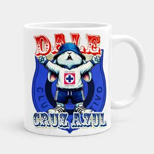 CruzAzul Fan Coffee Mug, Cute Rabbit Mascot with Raised Fists and Team Shield Design, Perfect Gift for Match Day, Birthdays or Loyal Supporters