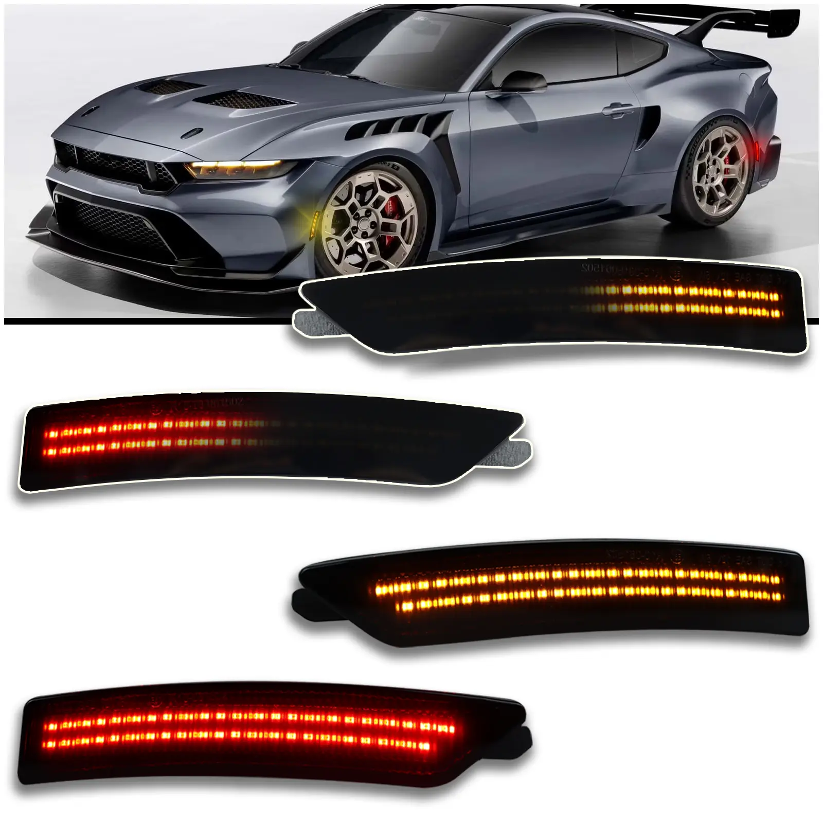 Smoked LED Side Marker Light Kit for 2024-2025 Ford Mustang (EcoBoost/ GT/ Dark Horse) - Dynamic Turn Signals (Amber Front + Red Rear) | 4-Piece