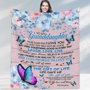 Momaw to Granddaughter Inspirational Message Throw Blanket, Butterfly Print, Multi-Size Plush Flannel, Soft Colorful Texture, Warm Fuzzy for Bedroom Sofa, Ideal Birthday Graduation Home Decor Gift, Throw Blankets