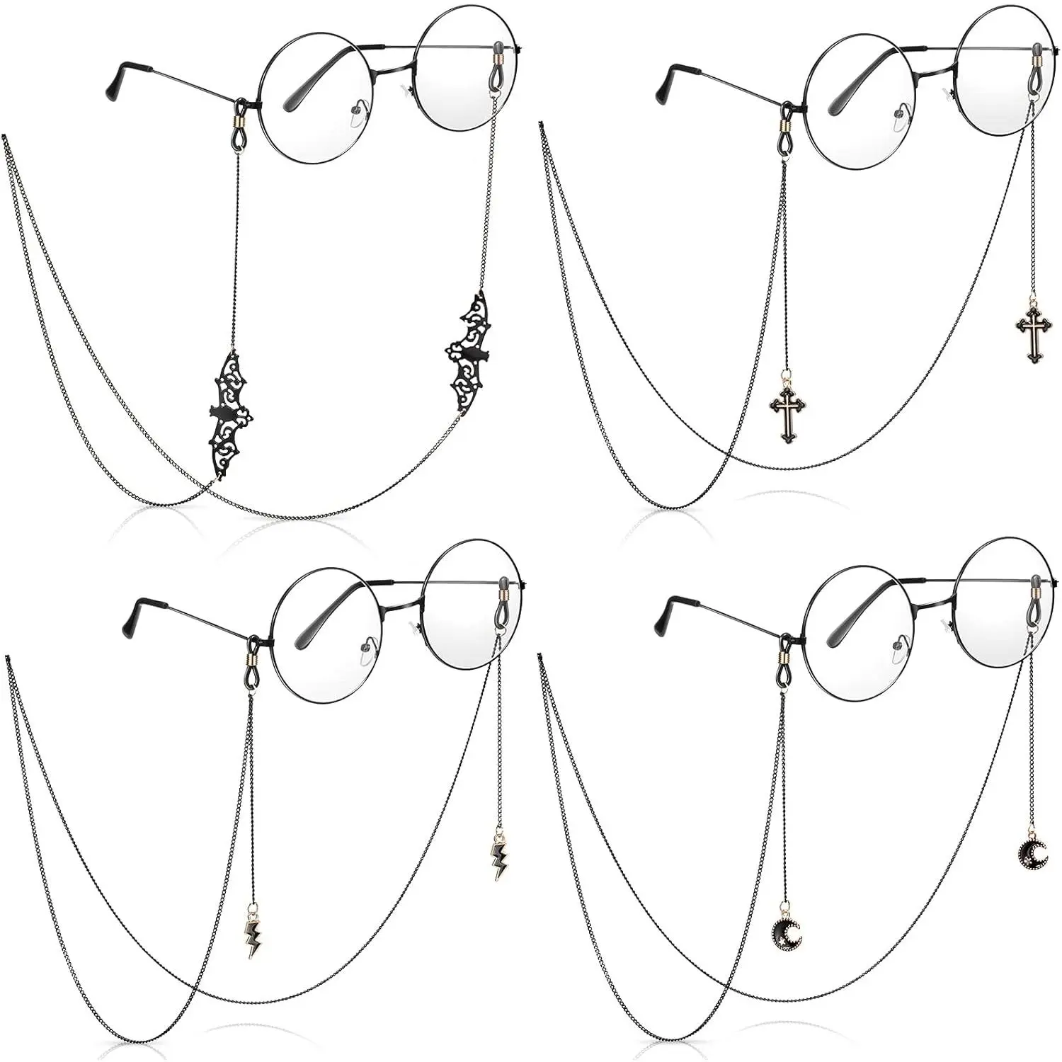 4-Piece Gothic Eyeglass Chains for Women, 29 Inch Alloy Glasses Holder with Bat & Moon Pendants, Anti-Slip Convertible Necklace Lanyard for Around Neck, Female Halloween Accessory, Silica Gel, 75Cm, Alloy & Gel, 29 Inches