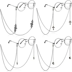 4 Pcs Halloween Glasses Chain for Women Goth Bat Eyeglass Chain Cross Eyewear Lanyard Moon Pendant Sunglass Strap(Black,4 Pieces)