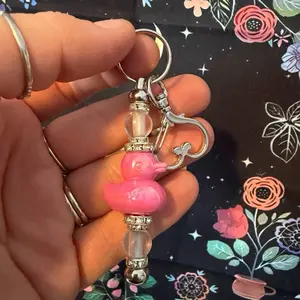 Pink Duck Keychain with clear quartz Crystal Beads and Silver Key Ring for Cute and Stylish Accessory
