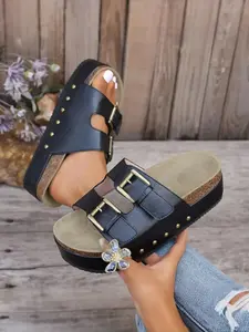 Women's Matte Leather Slip-On Sandals, Dual Buckle Design, Thick Sole Comfort Shoes, Adjustable Strap Casual Footwear, Footwear Strap Slides, Open Toe Sandal