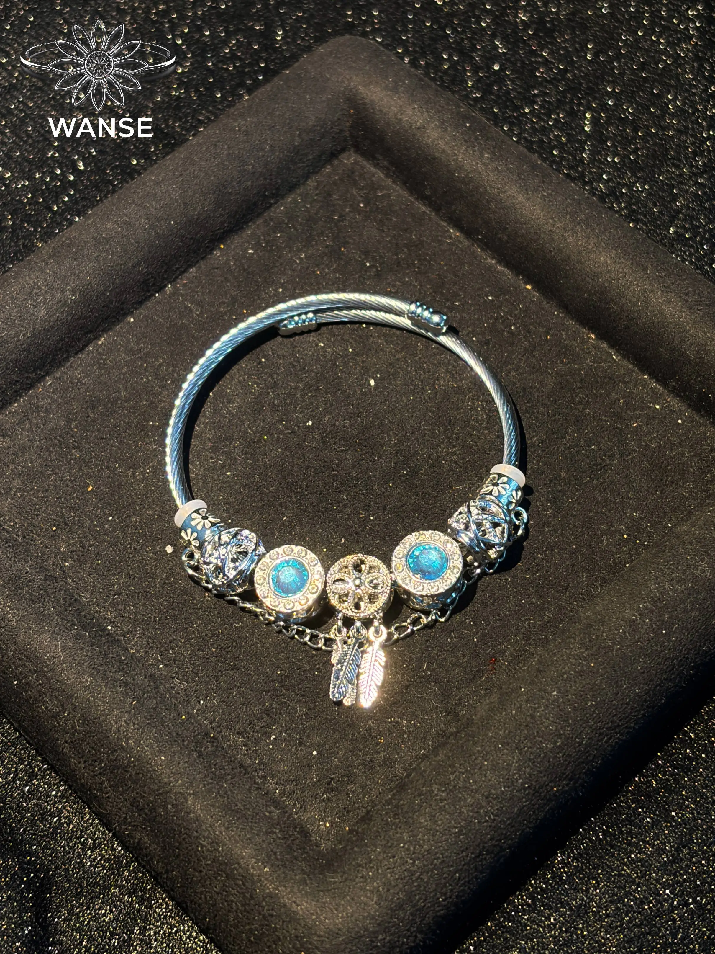 Women's Adjustable Open Wire Charm Bangle, Silver-Tone Frame, Blue Rhinestone Beads, Dreamcatcher & Feather Dangle Charms, Sparkly Boho Jewelry Gift