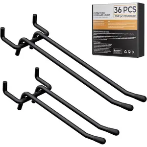 4/6 Inch Black Pegboard Hooks, 36 Pack Heavy Duty Double Arm Peg Board Straight Hooks, Peg Board Tool Hangers Fit for 1/4" Pegboard Garage  Tools, Craft Organizing, Kitchen, Store