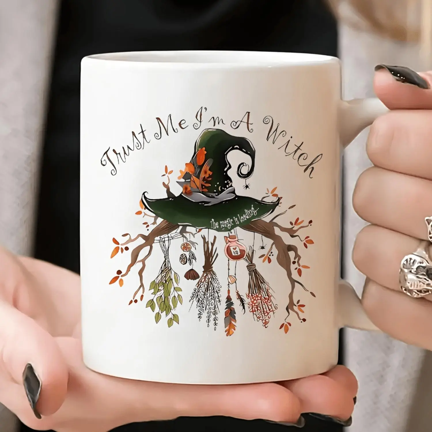 1pc, 11oz Witch Ceramic Coffee Mug - "Trust Me, I'm A Witch; The Magic Is Loading..." Design with Witch Hat & Fall Decor - Perfect Gift for Men & Women, Ideal for Halloween Or Everyday Use, Halloween Coffee Cups