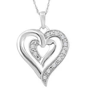10K White Gold 1/10Ct TW Real Diamond Heart Pendant Necklace