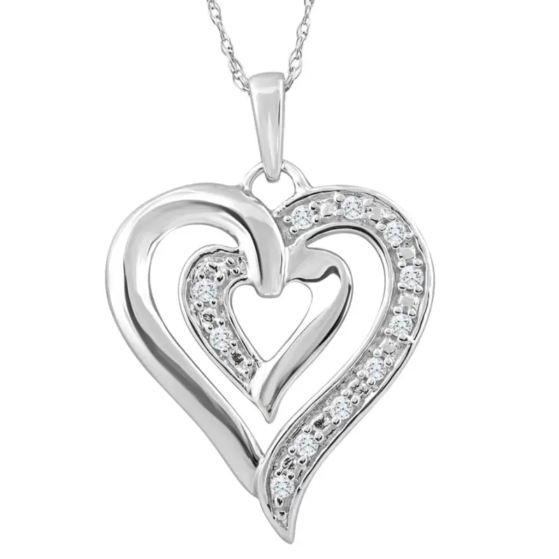 10K White Gold 1/10Ct TW Real Diamond Heart Pendant Necklace