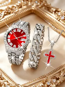 3pcs Men's Casual Trendy Watch Set with Pendant Necklace and Bracelet, Jewelry Sets, Perfect Gift for Birthday, Father's Day, Christmas, Anniversary
