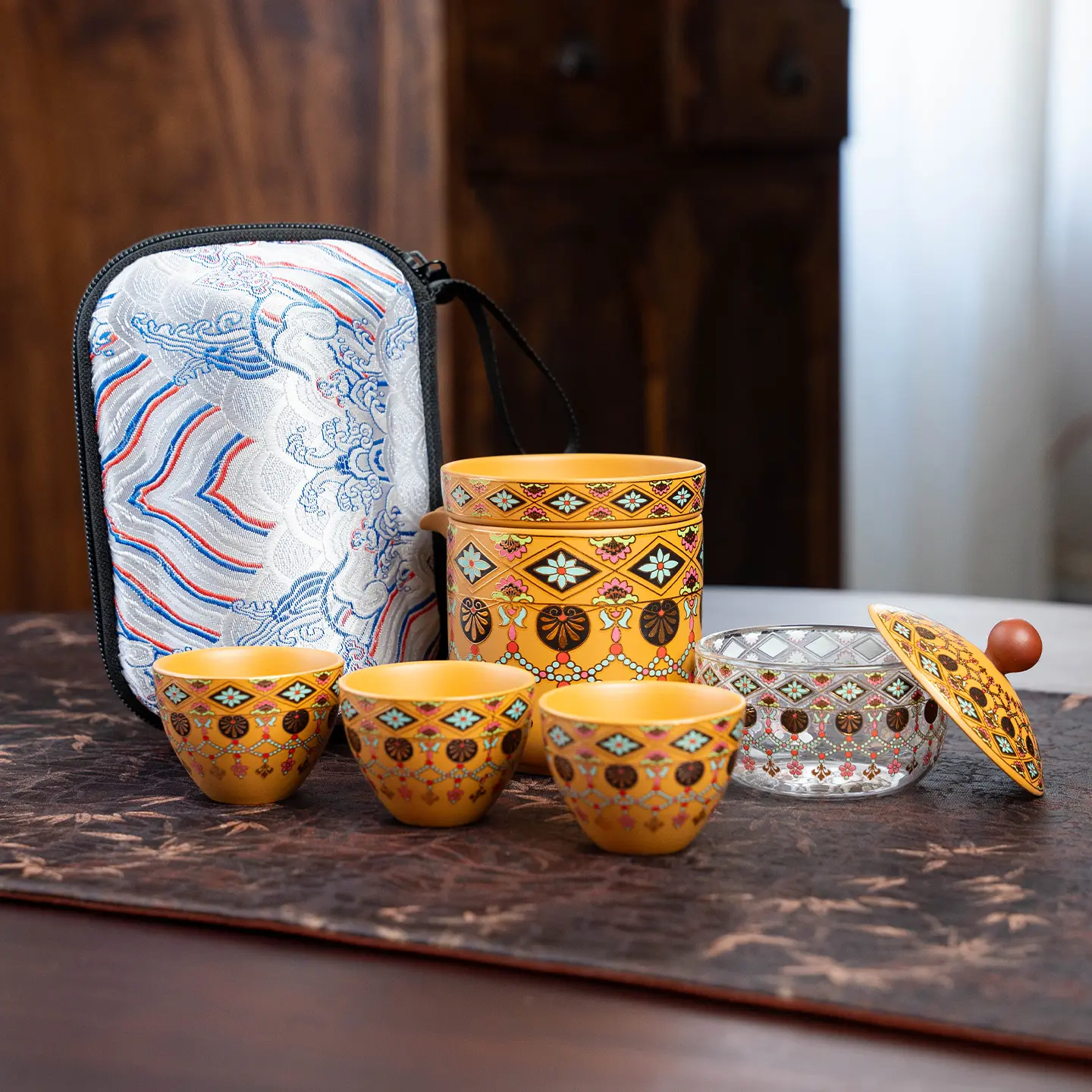 Huangni Tangda Dunhuang Baixianghua Retro Ceramic Tea Set with Removable Infuser - Chinese Handcrafted Teapot, Quick-Service Cups (Set Includes Cups) for 1-5 People, Home Use