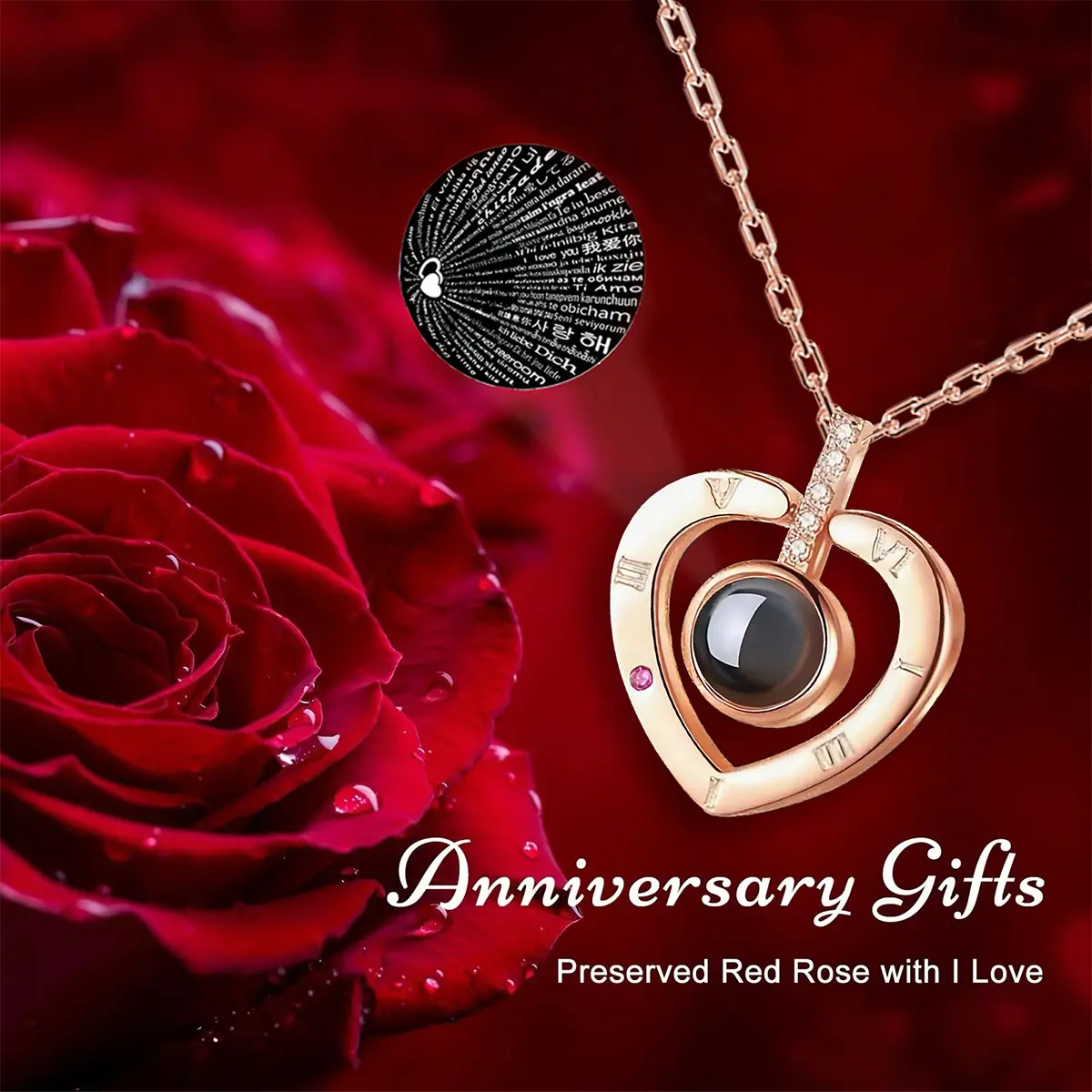 Women's Handmade Heart Design Necklace - Stainless Steel Jewelry with 100-Language "I Love You" Projection Stone Pendant, Handmade Fashion Accessory, Gift for Anniversary, Valentine's Day, Jewelry Gifts, Anniversary Gift
