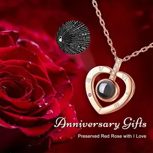 100 Languages I Love You Projection Stone Heart Pendant Women's Necklace Anniversary, Valentine's Day Gift, Stainless Steel Jewelry