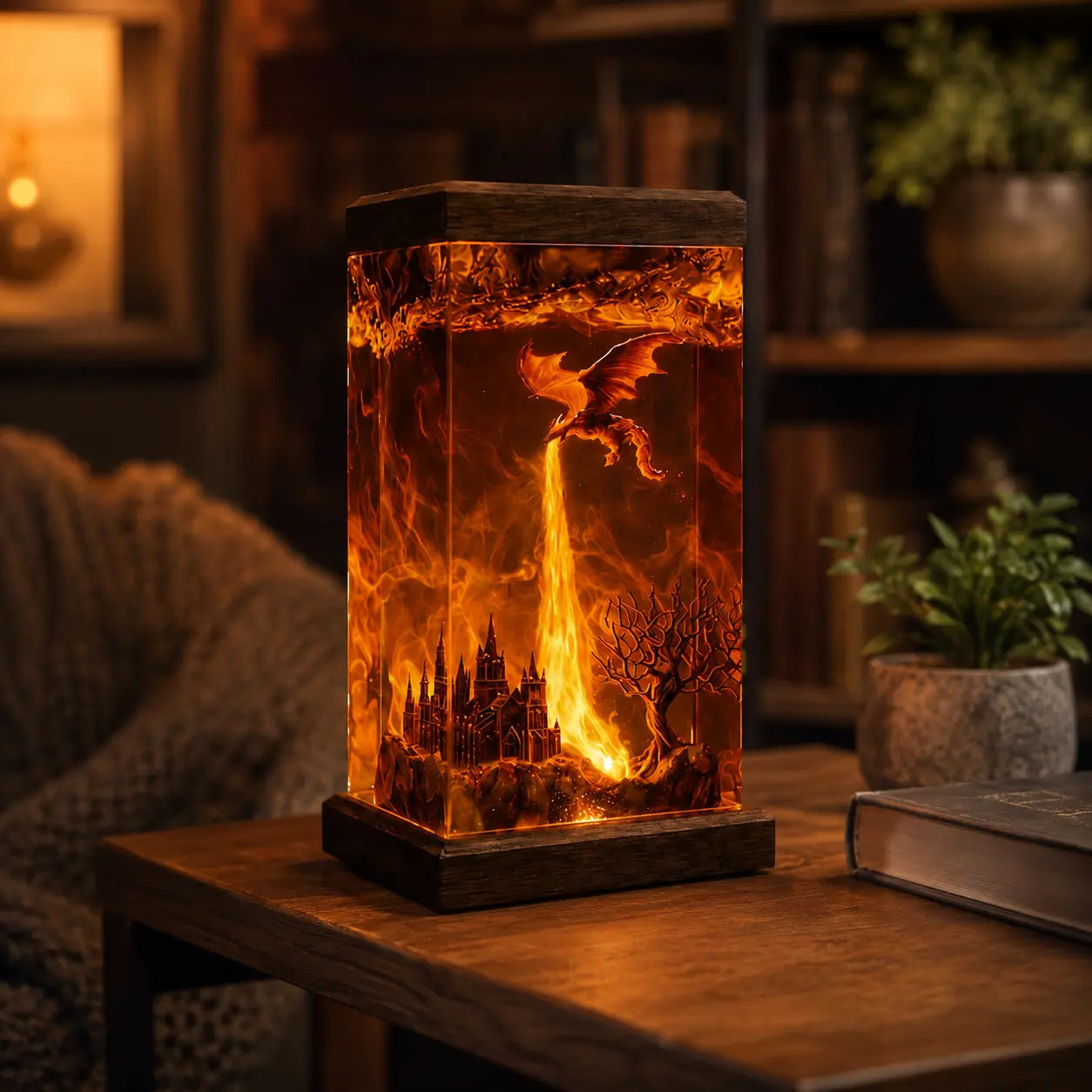 Fantasy Dragon Resin Lamp, Handmade Dragon Resin Art, Fire Dragon Castle Diorama, Epoxy Resin Home Decor, Wooden Base Decorative Lamp, Fantasy Desk Decor, Resin Sculpture, Unique Dragon Gift, Collectible Fantasy Artwork