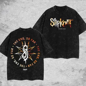 [$$$MANLIFE] Slipknot The End So Far Retro Unisex Acid Washed Hoodie T-Shirt – Slipknot World Tour Rock Heavy Metal Cotton Washed Tee, Nu Metal Rock Band Washed Shirt, Oversized Vintage Tee, Heavy Metal Merch, Gift for Rock Fans