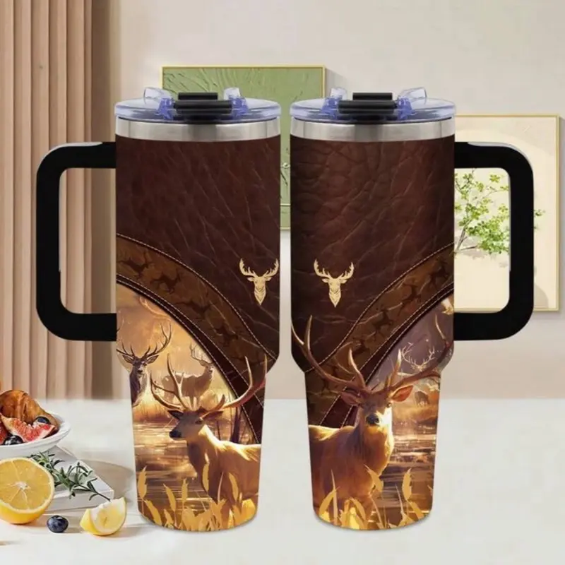 1pc 40oz Tumbler Stainless Steel Insulated Travel Mug With Handle Deer Hunting Design Vacuum Sealed Coffee Cup For Outdoor Camping And Daily Use Double Wall Thermal Drinkware With Lid And Straw Rustproof And Leak Proof Flasks Bottles Water Bottles Bottled