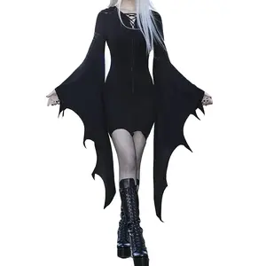 Women's Chic Halloween Costume Dress - Black Skeleton Print Bat Long Sleeve Cosplay Dress For Party, Prom, And Costume Events