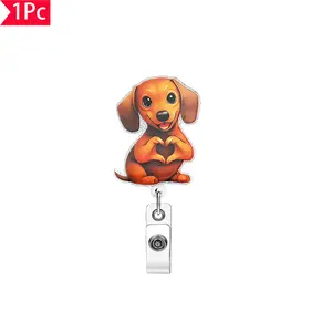 1PC Christmas Sausage Dog Love Gesture Sparkling Pink Easy to Pull Buckle Cute Pet Sweet Christmas Elements Commuting ID Clip Animal Shaped Badges Badge Reels Retractable, Suitable for Nurses, Doctors, Offices, Teachers, Christmas Gifts