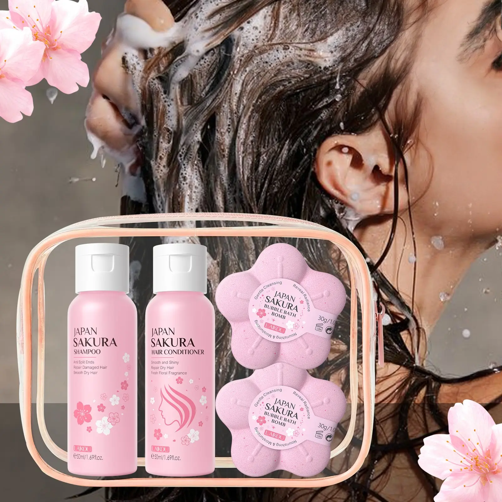 LAIKOU Japan Sakura Travel Bath & Hair Care Set, Bubble Bath Bomb, Shampoo & Hair Conditioner, Moisturizing Hydrating Softening Portable Cleansing Kit for On-the-Go, Moisture, Lightweight Haircare, Haircare Routine, Hair Care Products