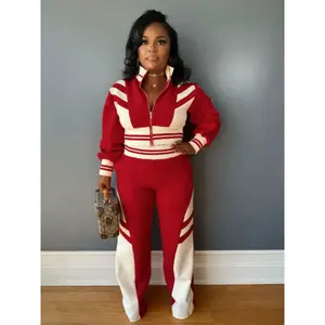 Women’s street-style patchwork sporty two-piece activewear set with long sleeves, casual for spring and fall seasons