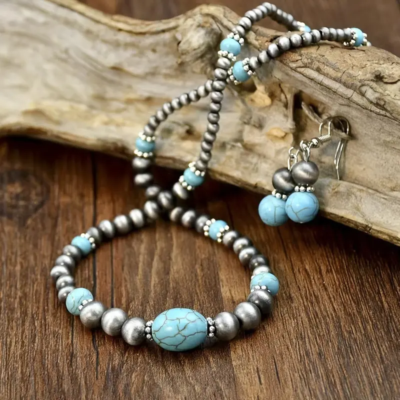 Boho Style Turquoise Necklace Earrings Set, Alloy Chain, Unisex Casual Chic Jewelry, Perfect Party Accessory, All Season Wear, Bohemian Jewelry Sets