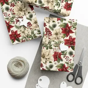 Christmas Holly Berry Wrapping Paper | Mistletoe Gift Wrap | Christmas Foliage Gift Wrap | Poinsettia Christmas Paper | Holiday Wrapping