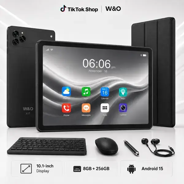 W&O Android 15 Black 11.1-Inch Large Display Tablet Bundle, 8+4GB RAM, 256GB Expandable Storage, 10000mAh Battery, 5G WiFi, Keyboard, Mouse, Case, Stylus, Dual Cameras for Gaming, School